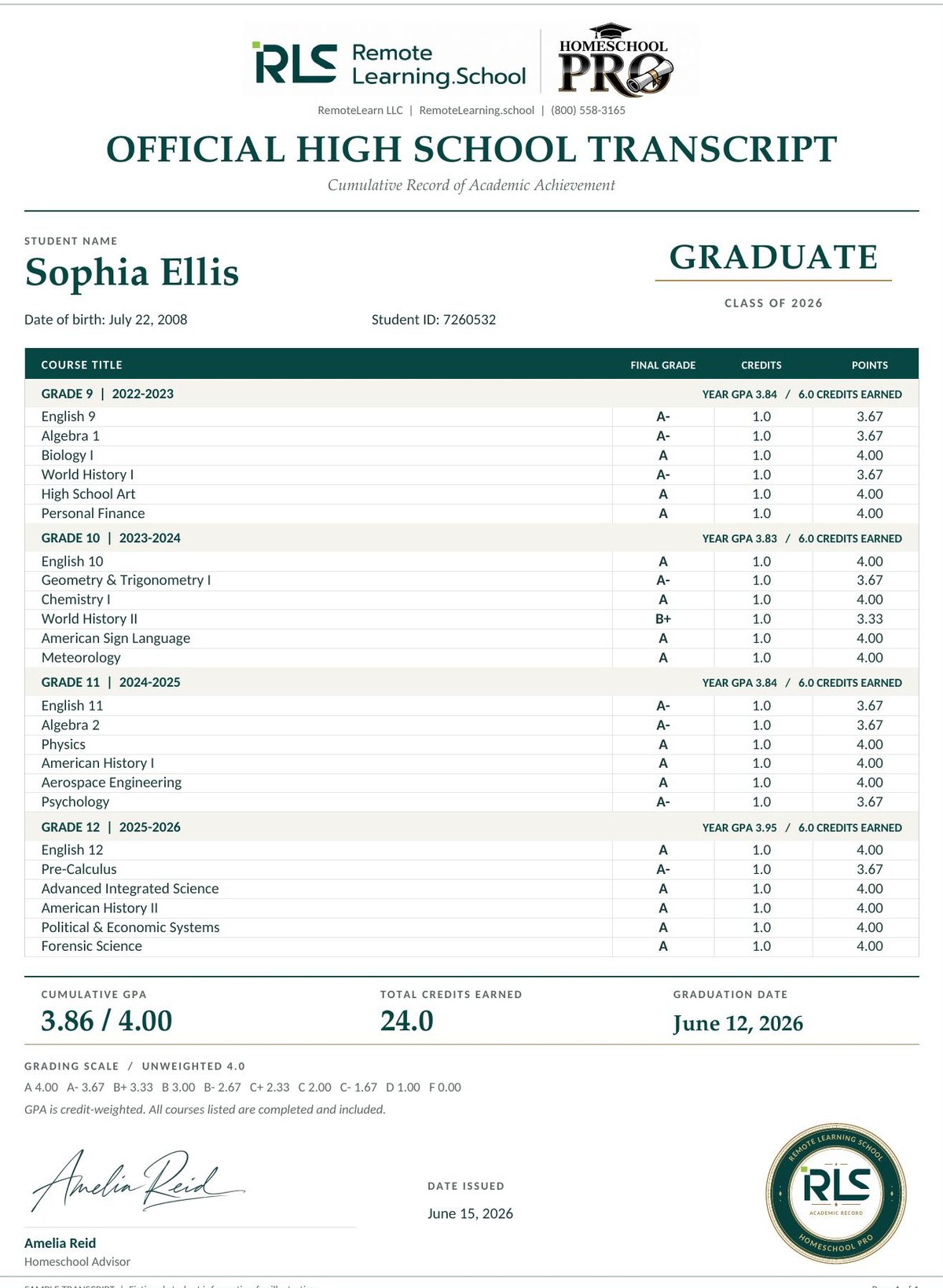 Official high school transcript (sample)